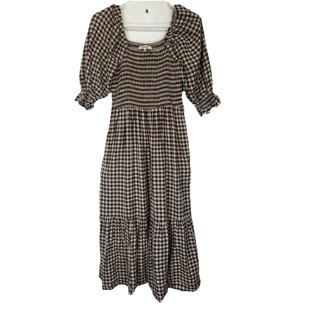 Madewell Lucie Smocked Gingham Midi Dress Brown White Puff Sleeve Cotton Sz XXS - Picture 4 of 16